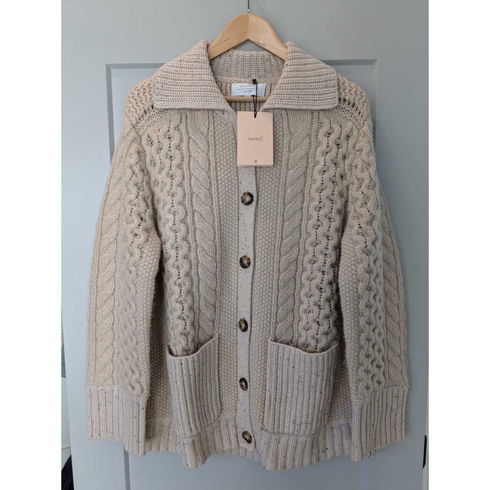 LA LIGNE Nuage Cardigan Oatmeal Cable Knit Collar Pockets‎ XL